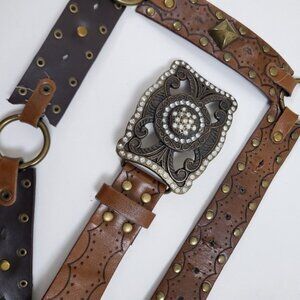Y2K wide rhinestone belt thick pleather vegan leather concho studs metal gold